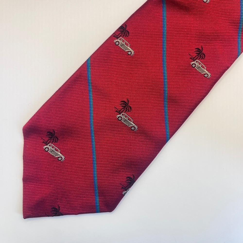 Chaps Ralph Lauren Tie Mens OS Red Excellent Vintage Car Palm Tree Silk Stripe